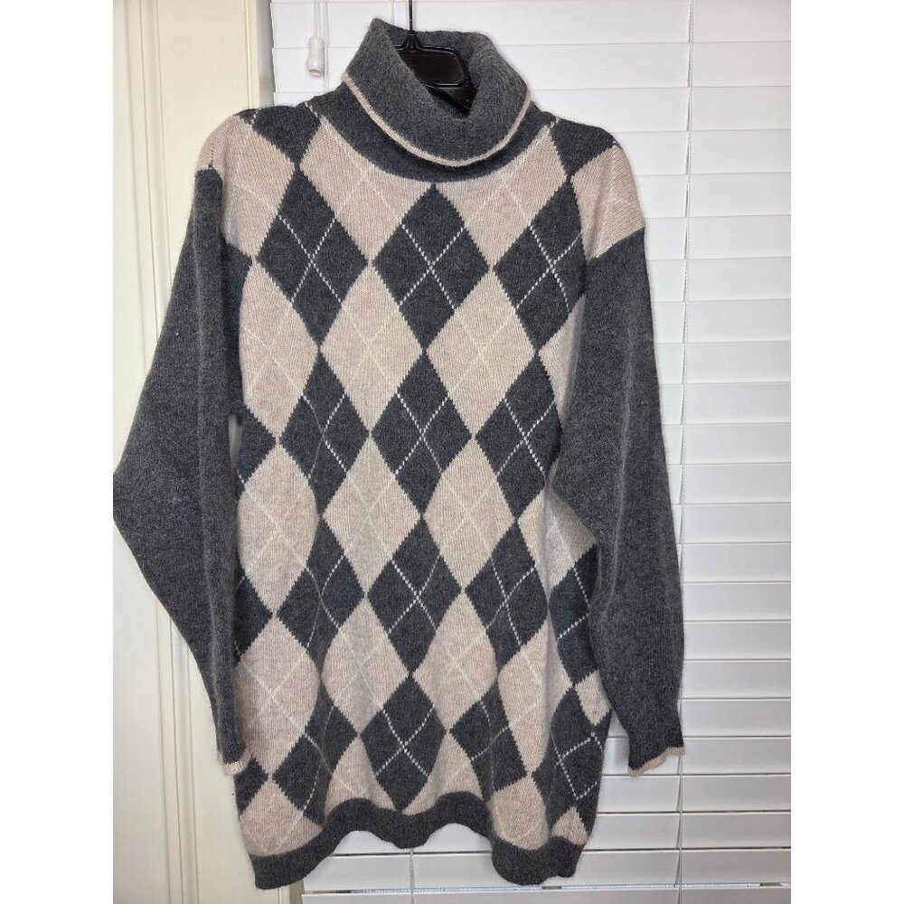 VTG Liz Claiborne Argyle Turtleneck Sweater M Lambswool Angora Gray Tunic